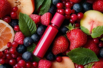 Bote rojo sobre las frutas. Envase de producto org&aacute;nico y saludable. Belleza y salud. Recipiente alargado rojo con tap&oacute;n.