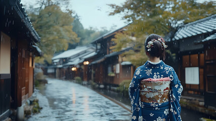 Fototapeta premium A Woman in a Kimono Walks Through a Rainy Street in Japan, Traditional Japanese Architecture, Tranquil Japanese Street Scenes