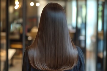 Mujer con pelo castaño oscuro, largo y liso en la peluquería. Pelo cuidado y brillante.