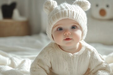 Bebé mirando a la cámara. Niña pequeña vestida con jersey y gorrito blanco. Modelaje en invierno.