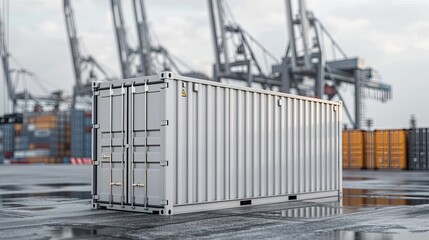 3D Rendering of a Cargo Container with Port Cranes in the Background, Isolated on a White Background for Clear Display of Industrial and Shipping Logistics