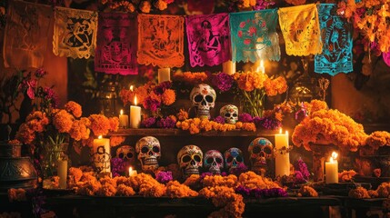 Create a captivating scene that celebrates the Day of the Dead, featuring intricately decorated altars adorned with vibrant marigolds, sugar skulls, and candles, set against a colorful backdrop 