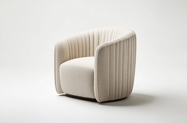 a barrel chair with a curved backrest and plush fabric upholstery
