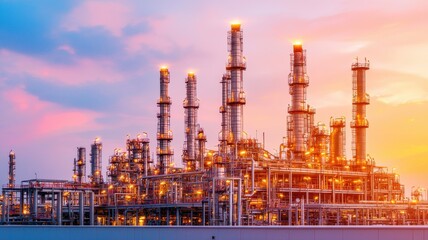 Oil refinery at sunset, glowing lights, massive complex, focus on all objects, deep depth of field