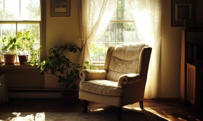 A cozy armchair bathed in sunlight near a window.
