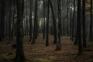 Obraz premium Bosque profundo y oscuro. Naturaleza al anochecer. Clarianas de luz en el bosque.