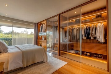 Habitación grande con cama y armario transparente como guardarropa. Almacenamiento grande en la habitación particular. 