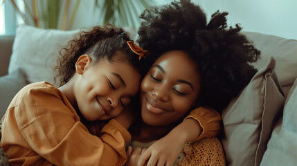 Naklejka na ściany i meble mothers day beautiful black african american mother and daughter cuddle at home on sofa