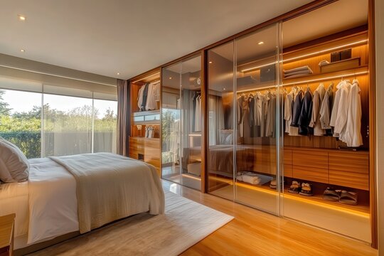 Habitaci&oacute;n grande con cama y armario transparente como guardarropa. Almacenamiento grande en la habitaci&oacute;n particular. 