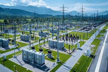Aerial View of a Modern Electrical Substation Surrounded by Lush Greenery and Mountains