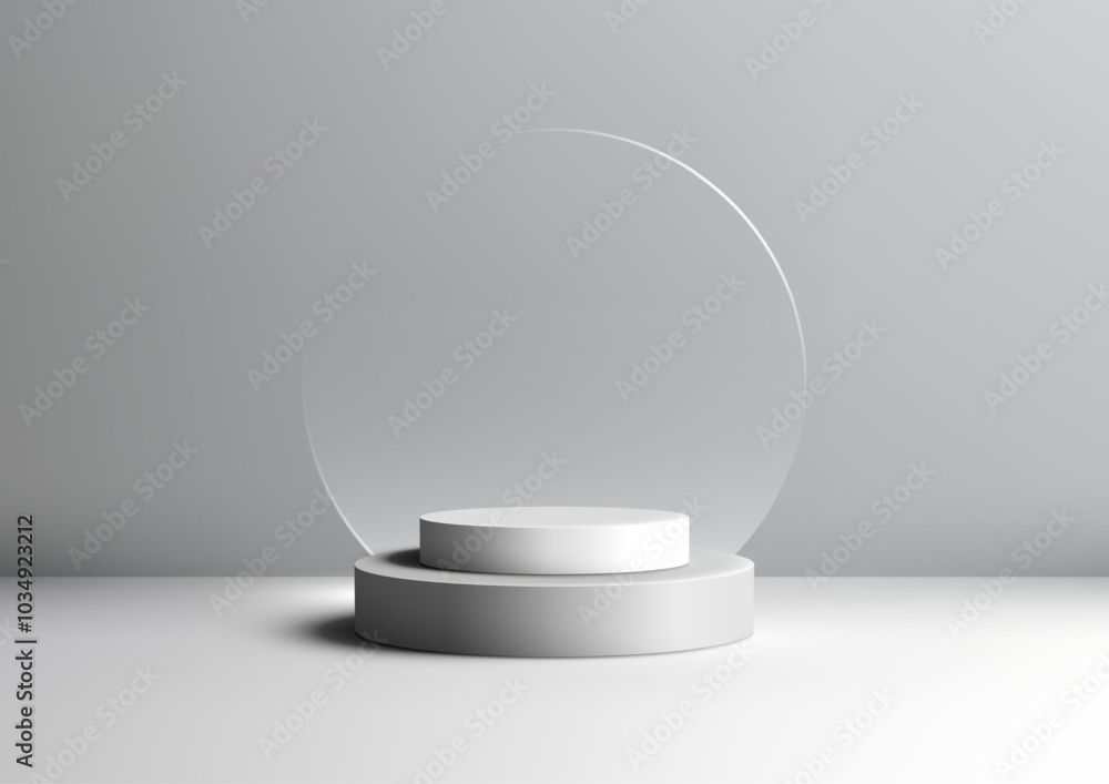 Poster minimalist 3d circular podium with transparent backdrop for product display and mockup on neutral gr