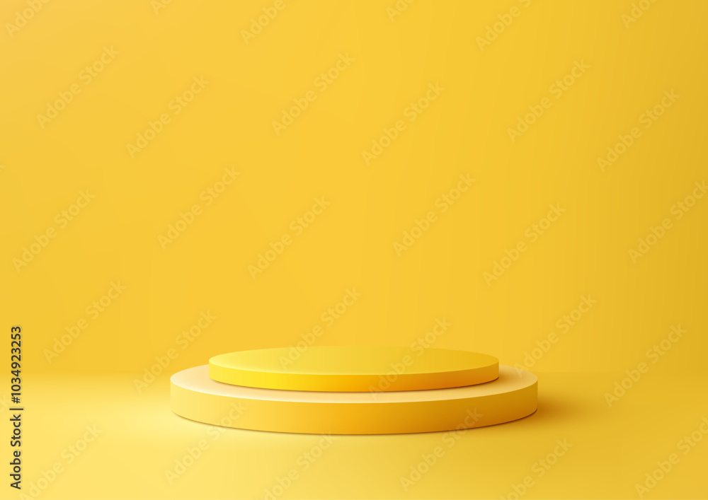 Poster vibrant yellow background with 3d circular platform for product display and mockup in minimalist sty
