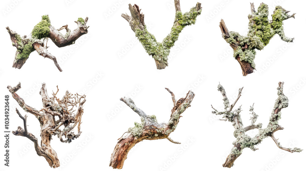 Poster set of side views of rotten branches adorned with green moss generative ai