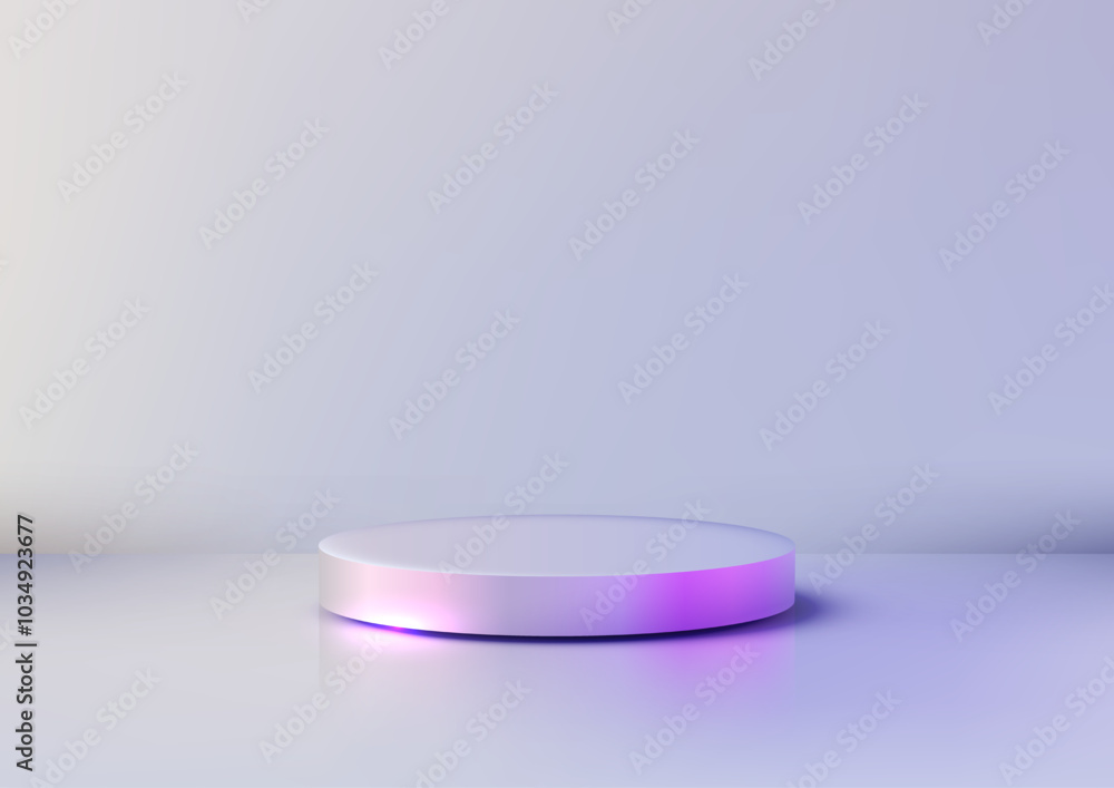 Poster 3d circular podium with soft iridescent glow on clean white background, minimal product display mock
