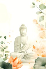 A tranquil Buddha figure sits amid lotus flowers, zen, minimal watercolor illustration