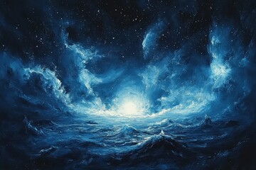 Fototapeta premium A majestic cosmic scene with swirling clouds and sparkling stars, illuminated by a bright light, conveying a deep sense of mystery and wonder.