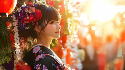 A Woman in a Traditional Kimono with Flower Decorations Smiles at the Sunset