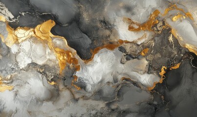 Abstract art, black, white, gold, swirling.