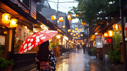 Walking Under a Red Umbrella in a Rainy Alleyway with Traditional Japanese Lanterns
