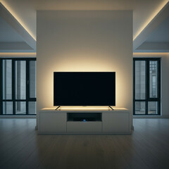 Modern TV in a stylish room, emitting a warm, soft glow