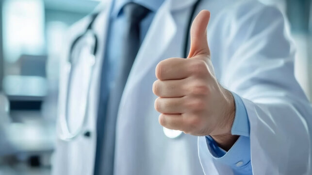 confident doctor giving a thumbs-up gesture in a modern medical environment
