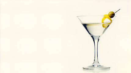 A sleek Martini cocktail served in a traditional martini glass, with a twist of lemon and an olive, isolated on a white background.