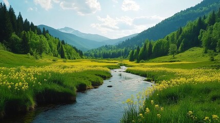 Fototapeta premium Scenic River Flowing Through Lush Green Valley