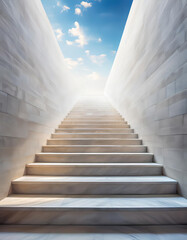 Fototapeta premium Long stairway is leading to a bright blue sky with clouds, representing hope, success, motivation and a positive future