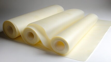 Minimalist shot of a roll of white wrapping paper laying across a bright white background, with natural light softly illuminating the paper.