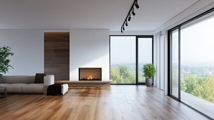 Obraz premium Modern interior room with a bright white wall, polished wood flooring, and adjustable track lighting. The minimalist space is perfect for displaying art or decor.