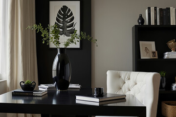 Modern Minimalist Home Office with a Stylish Design Chair and Artistic Accents