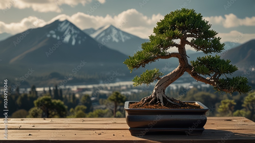 Poster a bonsai tree in a pot on a wooden table with a mountain range in the background.
