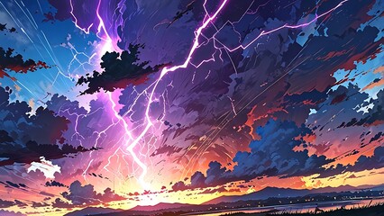 Fototapeta premium A amazing lightning storm in the night sky in anime style
