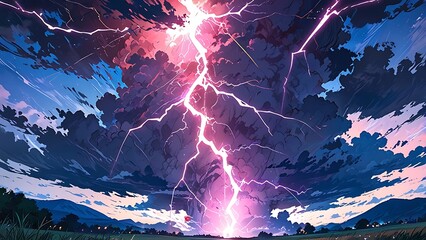 A amazing lightning storm in the night sky in anime style