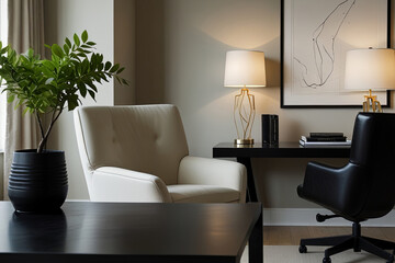 Modern Minimalist Home Office with a Stylish Design Chair and Artistic Accents