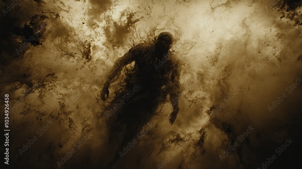 Poster mystical smoke rises and swirls, blending into the shadows and light on a single-colored background,