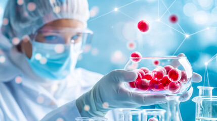 A dedicated scientist in lab coat, mask carefully holds and examining glass container filled with red spheres, various laboratory equipment of high-tech laboratory on background
