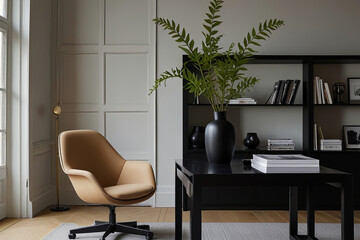 Modern Minimalist Home Office with a Stylish Design Chair and Artistic Accents