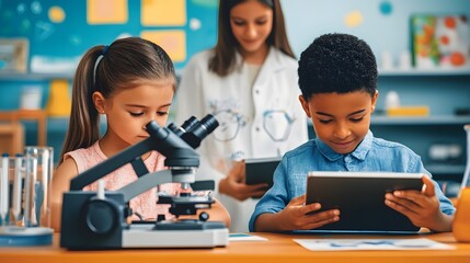Two children in a classroom, one using a microscope, the other using a tablet.