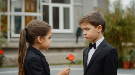  Boy in a classic suit giving a girl a flower. School background. The boy is very shy, embarrassed 