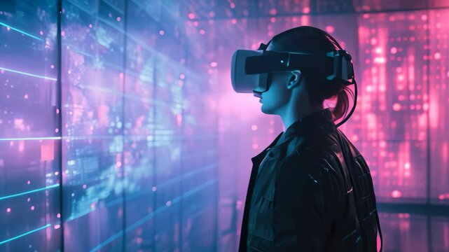 A person is seen wearing a virtual reality headset, engaging in a virtual experience, An immersive holographic technology environment