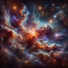 Fototapeta premium Cosmic Nebula: A Realistic Depiction of a Vast Celestial Scene with Vibrant Gas Clouds, Swirling Textures, and Radiant Stars Illuminating the Depths of Space