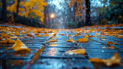 Rainy Autumn Day on a Cobblestone Street