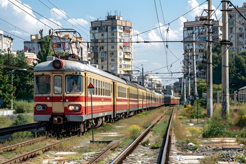 Naklejka premium Vibrant Train Journey Through Urban Landscape