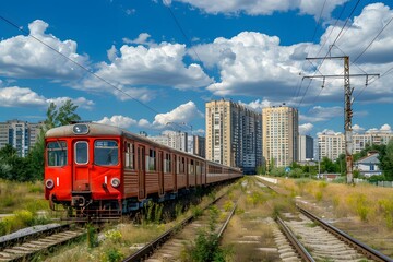 Fototapeta premium Urban Train Journey: A Scenic View of a Red Train Against a Backdrop of Modern Buildings and Blue Skies