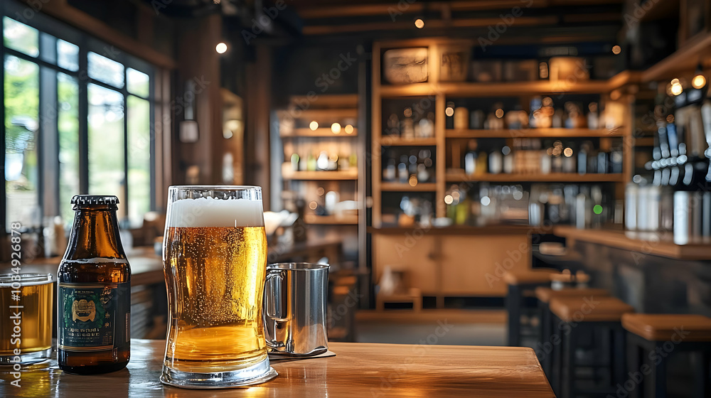 Poster a glass of beer on a table in a bar with bottles and taps in the background