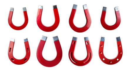 Set of red horseshoe magnets on a white isolated background.