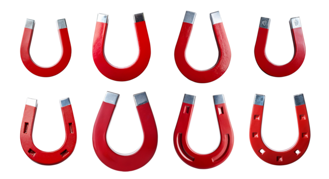 Set of red horseshoe magnets on a white isolated background.