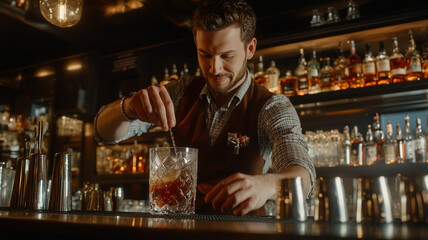 Behind the bar view of a bartender stirring a cocktail in a crystal glass, surrounded by modern decor and a collection of premium spirits. Ai generated