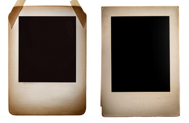 Two vintage photo frames with dark interiors on a white isolated background.